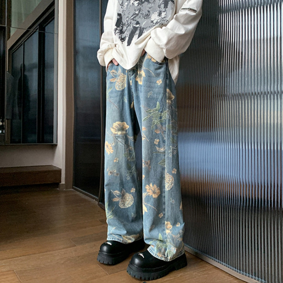 Wide-Leg Washed Jeans Straight Pants