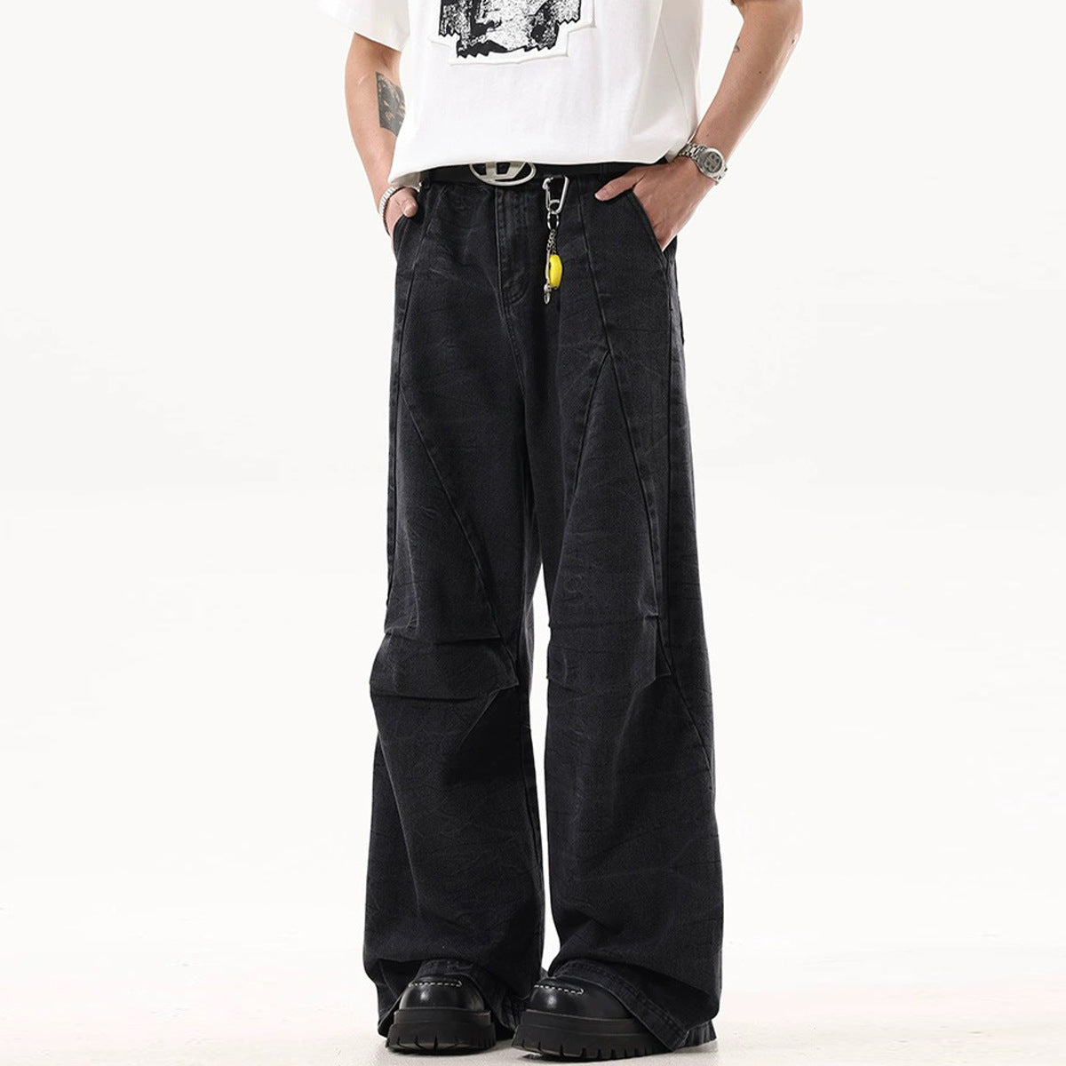 Stitching Wide Leg Jeans Retro Cotton Style