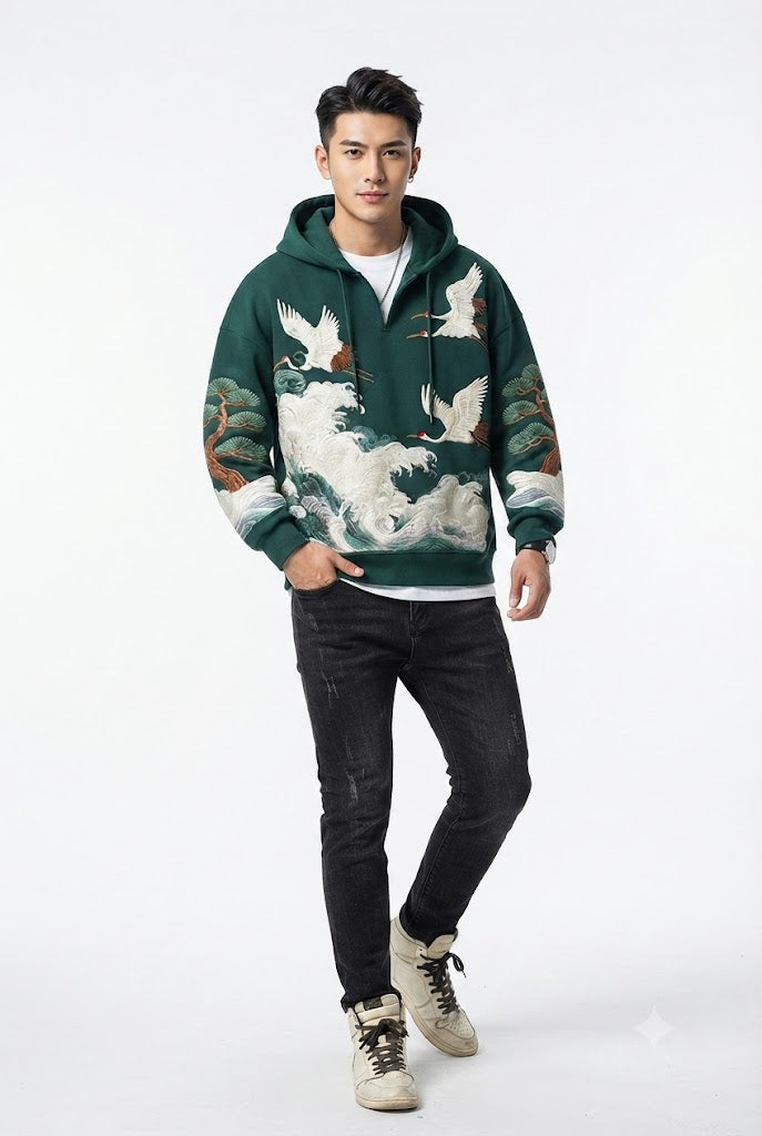 Embroidered Crane Hoodie