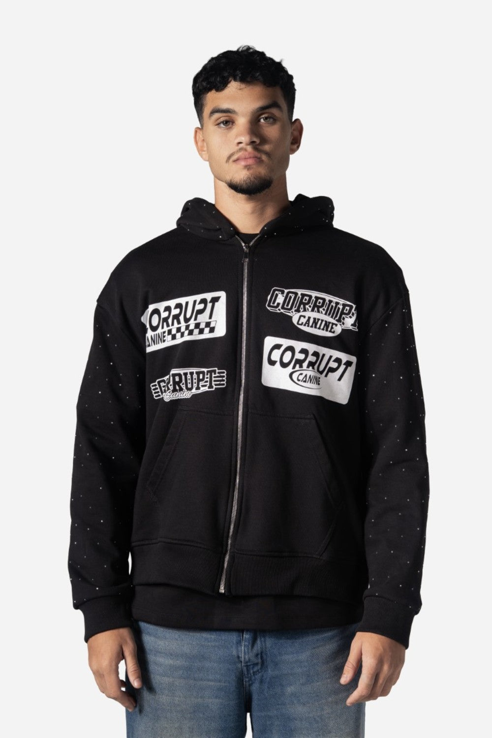 Logos Print Rhinestone Zip-Up Men Hoodie